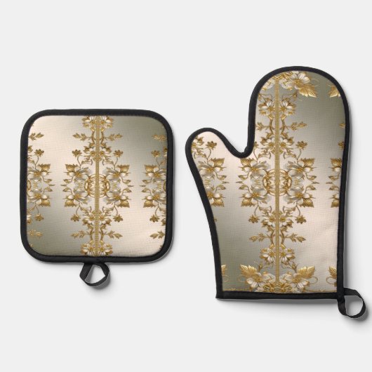 Wit Bloemgoud Ovenwant & Pannenlap Set (Voorkant)