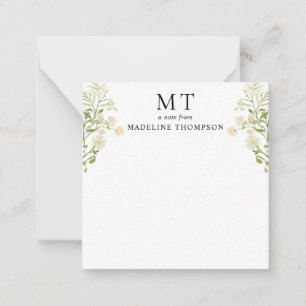 Wit bloemmotief wilde bloem klassiek monogram vier notitiekaartje