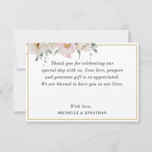 Wit Blush Rozen Goud Lijst op Zwart Bruiloft Bedankkaart (Achterkant)