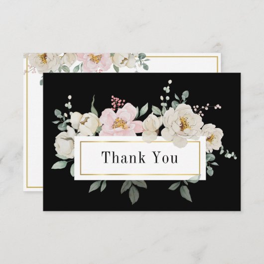 Wit Blush Rozen Goud Lijst op Zwart Bruiloft Bedankkaart (Voorkant / Achterkant)