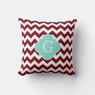 Wit-Bordeauxruit Chevron Aqua Vierblad Monogram Kussen