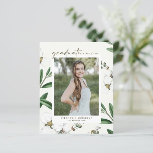 Wit Botanisch Afstuderen Uitnodiging (Staand voorkant)
