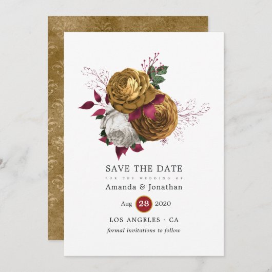 Wit, Bourgogne en Gouden Bloemhuwelijk Save The Date (Voorkant / Achterkant)
