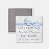 Wit Damask & Blue Bow Baby shower Save The Date Magneet (Voorkant / Achterkant)