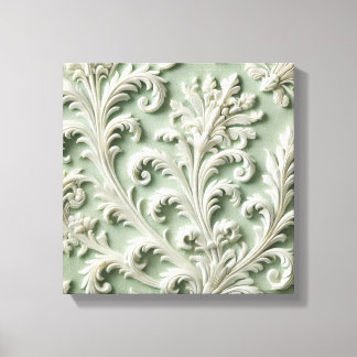 Wit damast bloempatroon zachte groene achtergrond canvas afdruk