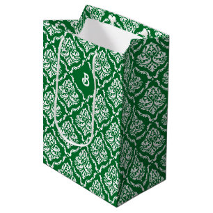 Wit damast patroon op kerstgroen medium cadeauzakje
