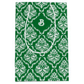 Wit damast patroon op kerstgroen medium cadeauzakje (Voorkant)