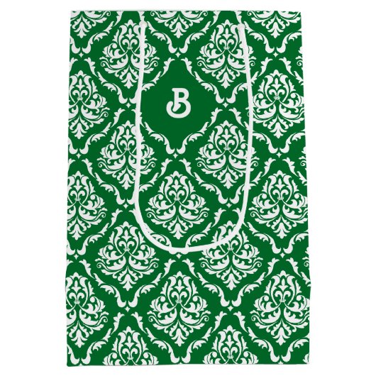 Wit damast patroon op kerstgroen medium cadeauzakje (Achterkant)