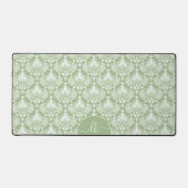 Wit damast patroon op salie groen monogram bureaumat (Voorkant)