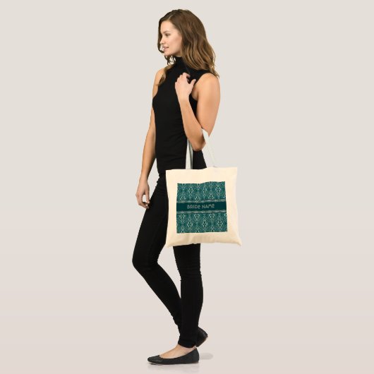 Wit & Donkergroen Damask Patroon-Aangepast Monogra Tote Bag (Voorkant (model))