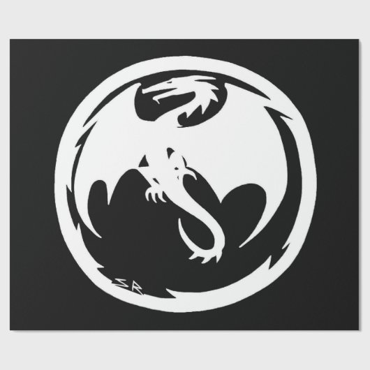 Wit Dragon zwart glanzend inpakpapier groot (Vlak)