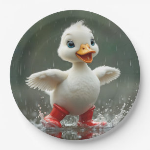 Wit eendje spettert in een regenplas papieren bordje