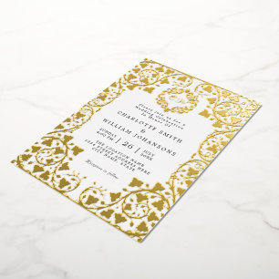 Wit Elegant Goud Bloemen Lijst Initiaal Bruiloft Folie Uitnodiging