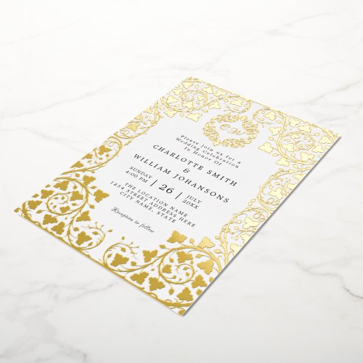 Wit Elegant Goud Bloemen Lijst Initiaal Bruiloft Folie Uitnodiging (Gedraaid)