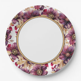 Wit Elegant Goud Bourgogne Bloemen patroon rand Papieren Bordje