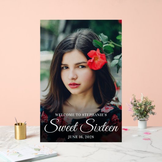 Wit Elegant Script Sweet Sixteen Foto Acryl Bord (Huwelijk)