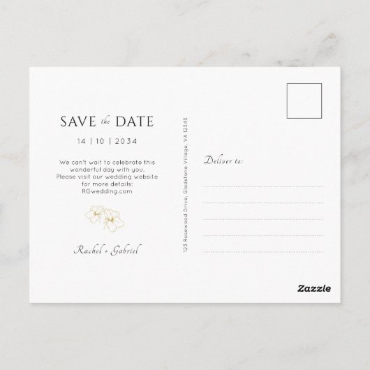 Wit | Elegante gouden bloemenbruiloft Save the Dat Briefkaart (Achterkant)