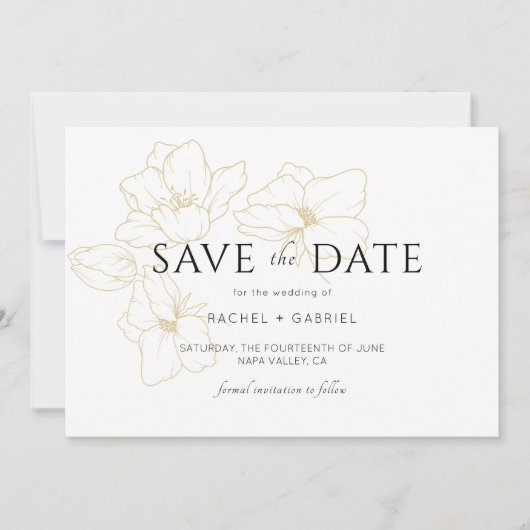 Wit | Elegante gouden bloemenbruiloft Save The Date (Voorkant)