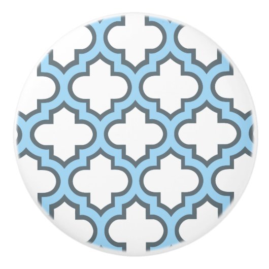 Wit en Baby Blauw Trellis, Lattice, Quatrefoil Keramische Knop (Voorkant)
