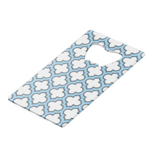 Wit en Baby Blauw Trellis, Lattice, Quatrefoil Kredietkaart Flessenopener