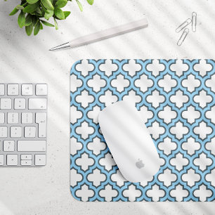 Wit en Baby Blauw Trellis, Lattice, Quatrefoil Muismat