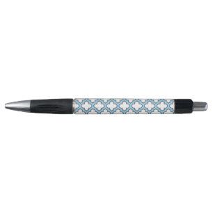 Wit en Baby Blauw Trellis, Lattice, Quatrefoil Pen