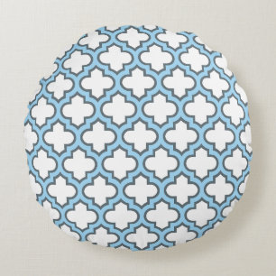 Wit en Baby Blauw Trellis, Lattice, Quatrefoil Rond Kussen
