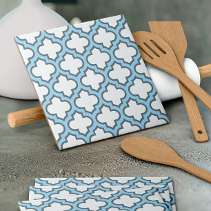 Wit en Baby Blauw Trellis, Lattice, Quatrefoil Tegeltje