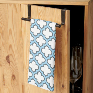 Wit en Baby Blauw Trellis, Lattice, Quatrefoil Theedoek