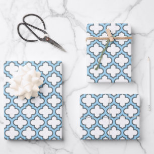 Wit en babyblauw traliewerk, rooster, vierpas inpakpapier vel