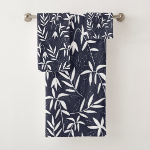 Wit en blauw bamboe blad patroon bad handdoek