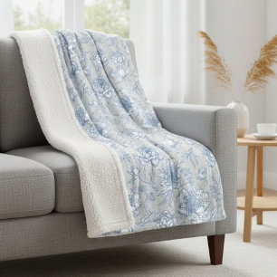Wit en blauw Bloemen Geïllustreerd Fleece Deken