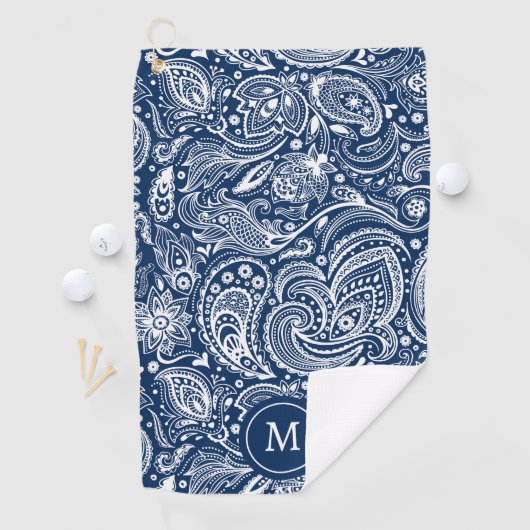 Wit en blauw  paisley patroonmonogram golfhanddoek (Insitu)