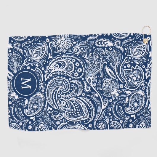 Wit en blauw  paisley patroonmonogram golfhanddoek (Horizontaal)