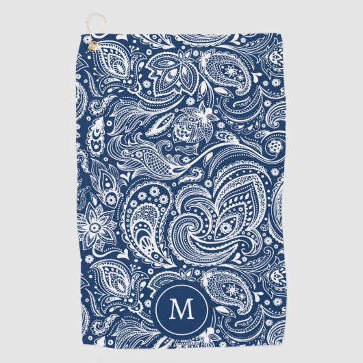 Wit en blauw  paisley patroonmonogram golfhanddoek (Voorkant)