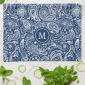 Wit en blauw paisley patroonmonogram theedoek (Gevouwen)