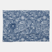 Wit en blauw paisley patroonmonogram theedoek (Horizontaal)