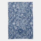 Wit en blauw paisley patroonmonogram theedoek (Verticaal)