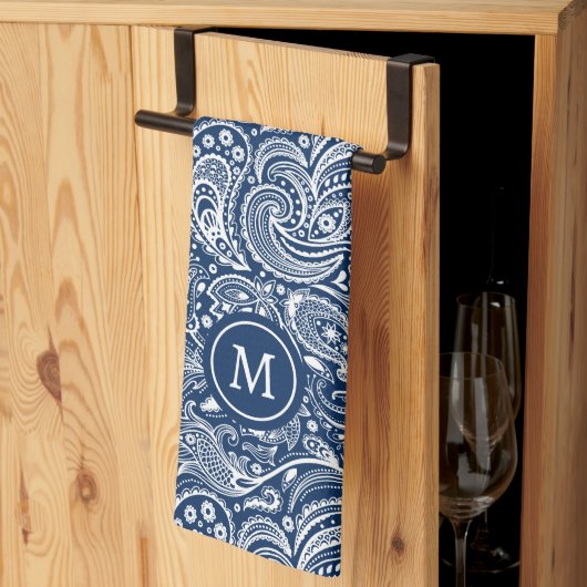 Wit en blauw paisley patroonmonogram theedoek (Derde Gevouwen)