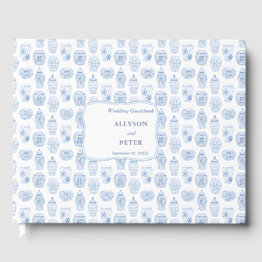 Wit en blauw patroon gember pot bruiloft gastenboek (Voorkant)