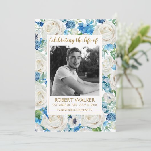 Wit en blauw Photo Memorial Service Programma (Staand voorkant)