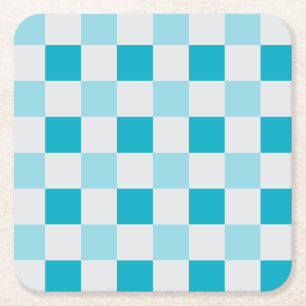 Wit en blauw schaakbordpatroon vierkante kartonnen onderzetter