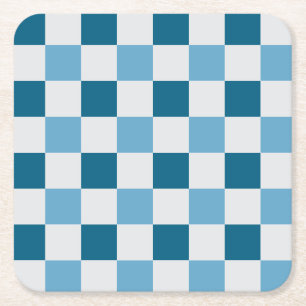 Wit en blauw schaakbordpatroon vierkante kartonnen onderzetter