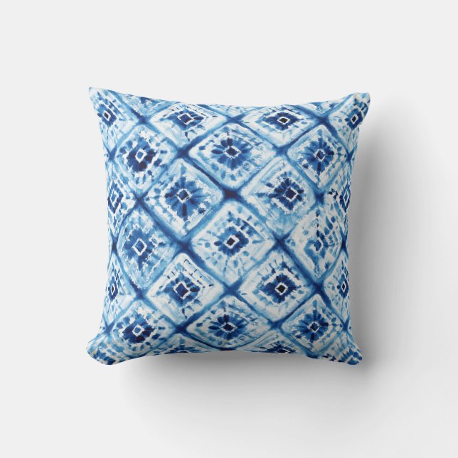 Wit en Blauw Tie Dye Patroon Kussen (Voorkant)
