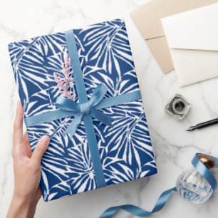 Wit en Blauw Tropisch Blad Herhalend Patroon Cadeaupapier