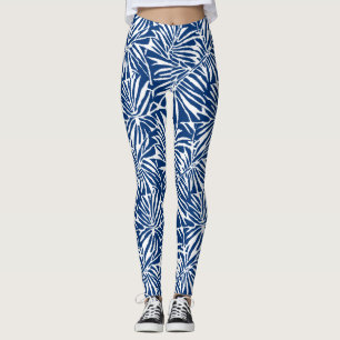 Wit en Blauw Tropisch Blad Herhalend Patroon Leggings