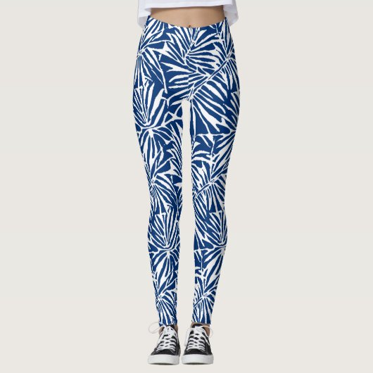 Wit en Blauw Tropisch Blad Herhalend Patroon Leggings (Voorkant)