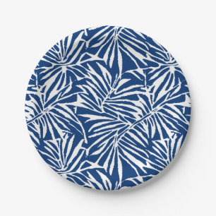 Wit En Blauw Tropisch Blad Herhalend Patroon Papieren Bordje