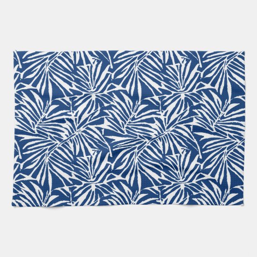 Wit en Blauw Tropisch Blad Herhalend Patroon Theedoek (Horizontaal)