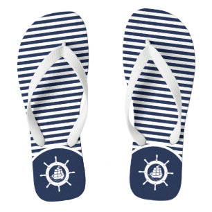 Wit en blauwe strepen & scheepsstuurwiel teenslippers